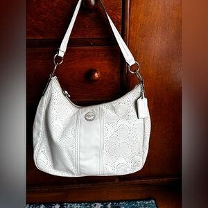 Coach Perforated ‘C’ Ivory Leather Hobo Shoulder Bag
